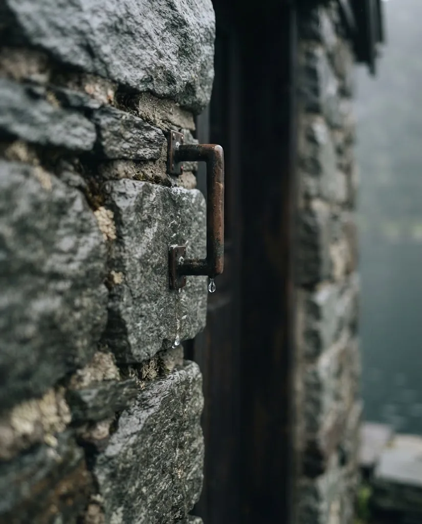 Artist's impression of a detail of the resort: wet grey stone wall, a copper handle and a single drop of water