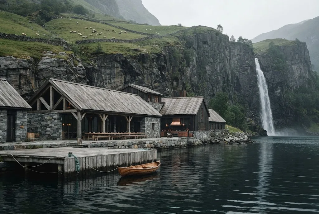 Artist's impression of the planned resort seen from the water: stone walls, a wooden quay and the cliff rising above