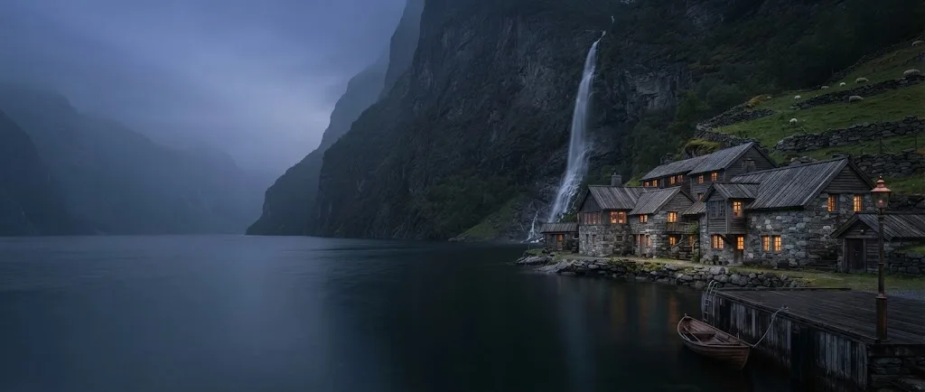 Artist's impression of the fjord at dusk, with the warm windows of the resort beneath the cliff