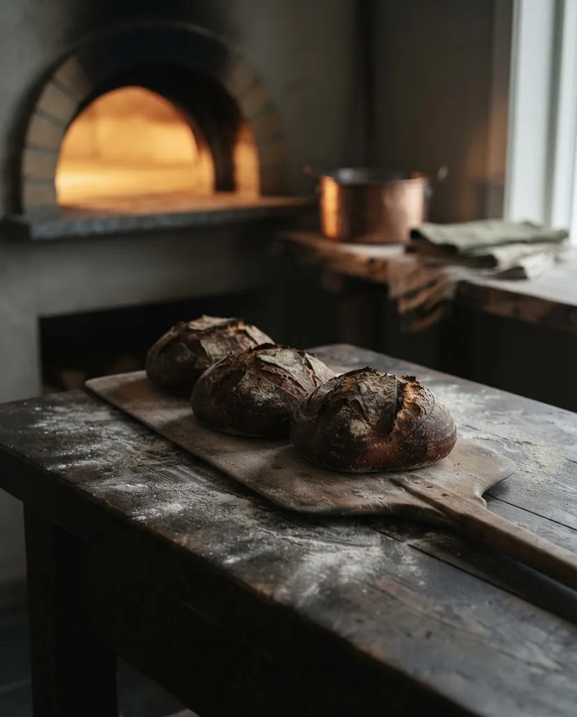 Artist's impression of bread fresh from the oven on a wooden peel beside a floured table