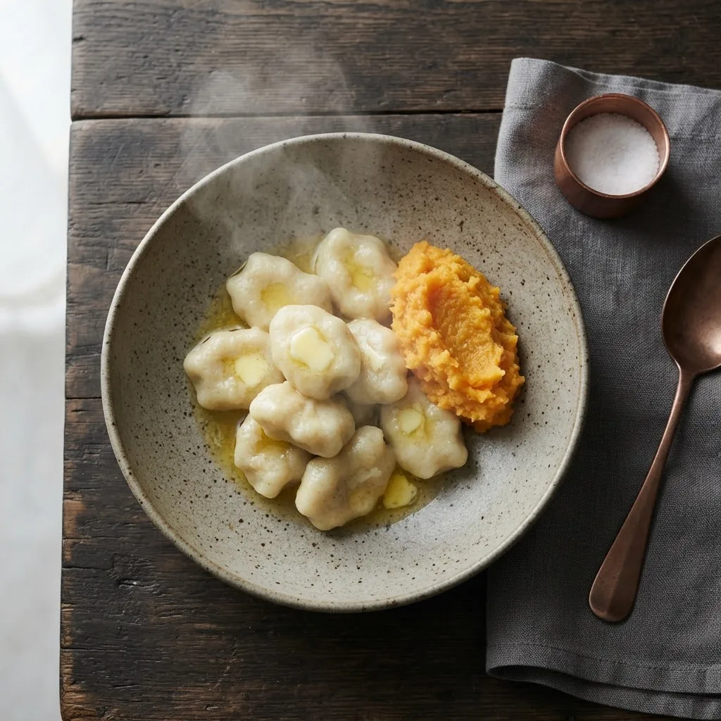 Artist's impression of potato dumplings with melted butter and mashed swede