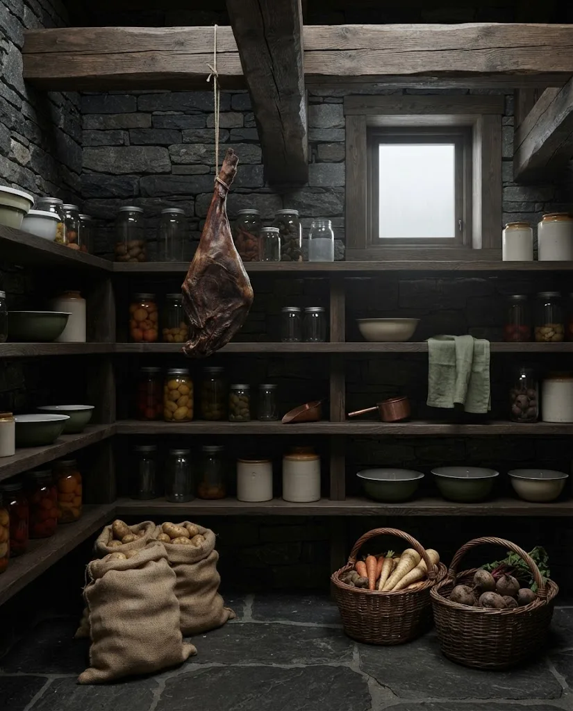 Artist's impression of the larder, with cured lamb hanging from the beams, plain unlabelled jars and sacks of potatoes