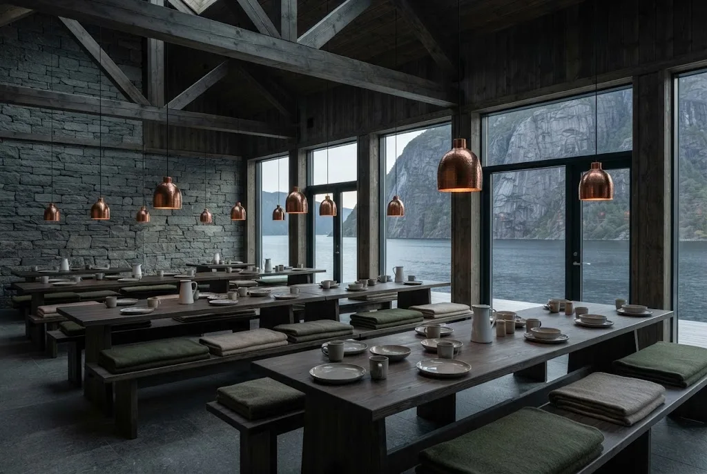 Artist's impression of the planned restaurant, with stone walls, wooden tables and windows onto the fjord