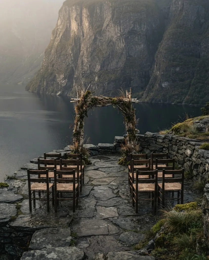 Artist's impression of a ceremony set out on a stone terrace above the water, with no people