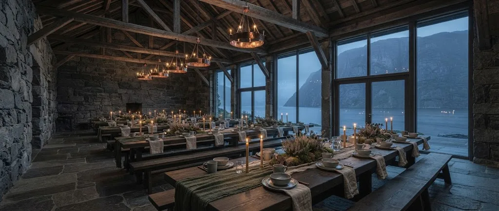 Artist's impression of a banquet in the stone hall under timber trusses, with candles on long tables