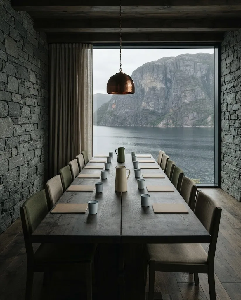 Artist's impression of the Copper Room, a meeting room with a long table and a view of the fjord