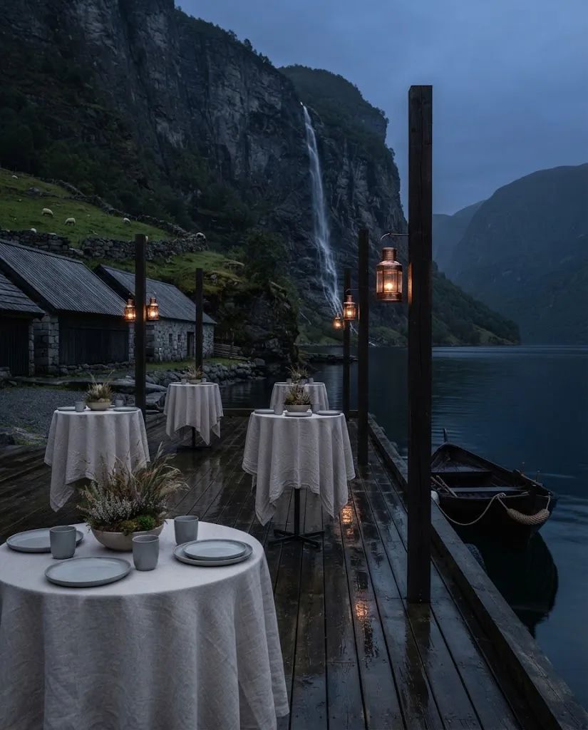 Artist's impression of a reception on the wooden quay at dusk, with lanterns and set tables