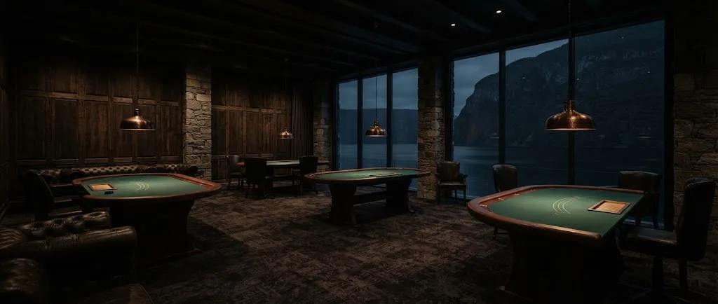 Artist's impression of the planned hotel casino lounge, with dark timber, green baize tables, copper lamps and windows onto the night, empty of people
