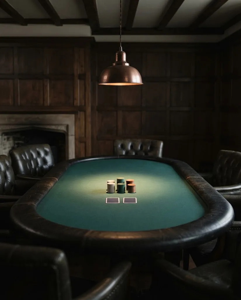 Artist's impression of the poker room: a card table with plain chips and no people