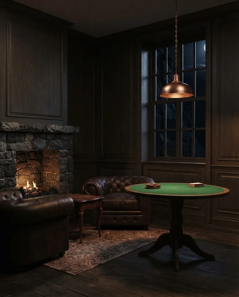 Artist's impression of the private salon, with a fireplace, armchairs and a single table