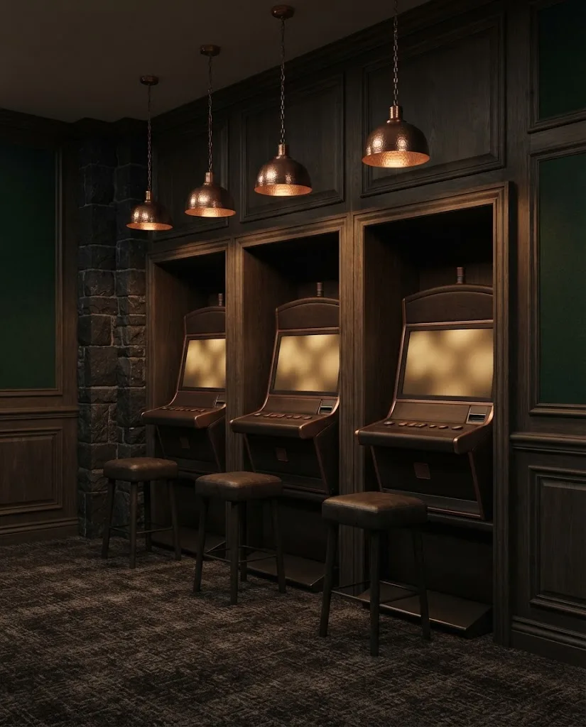 Artist's impression of the gaming salon: understated machines set into wooden niches with a soft glow