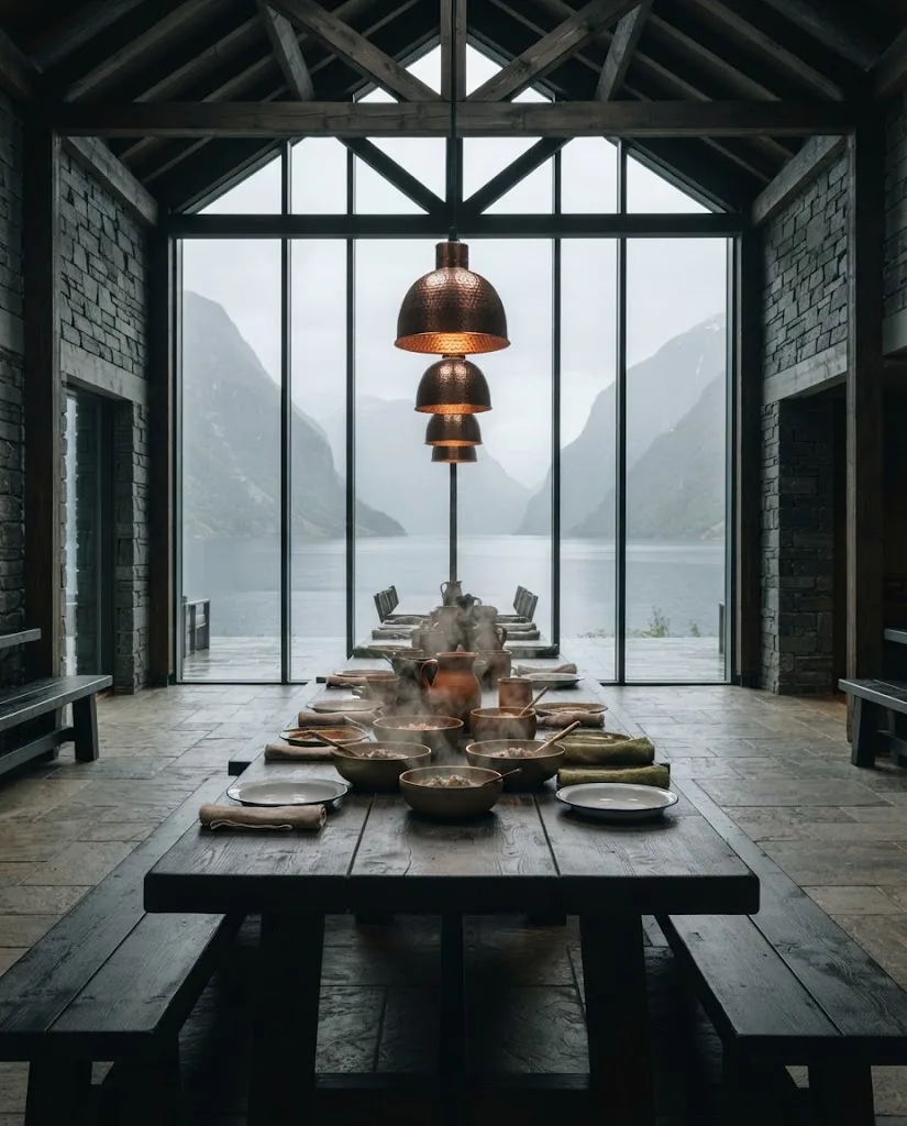 Artist's impression of the long table in the stone hall, steam rising from bowls under warm lamps, windows onto the fjord