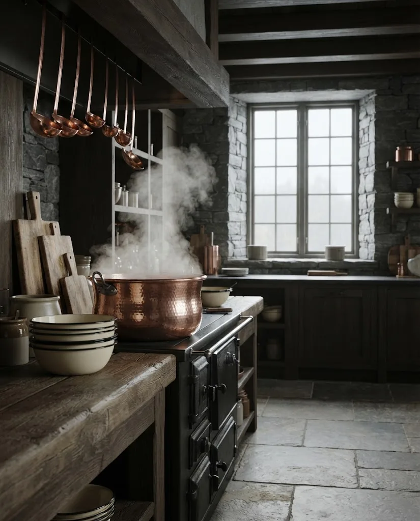 Artist's impression of the steam kitchen, with large copper pots, clouds of steam and wooden boards