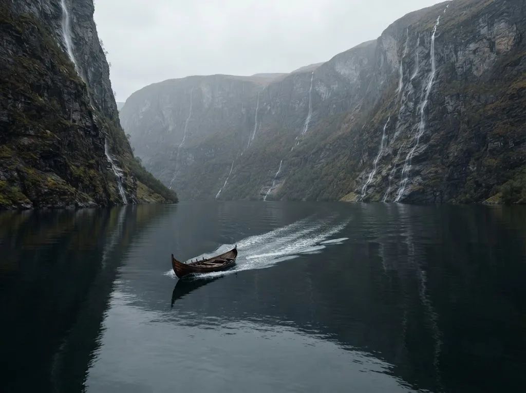 Artist's impression of a small boat on the fjord between walls of rock
