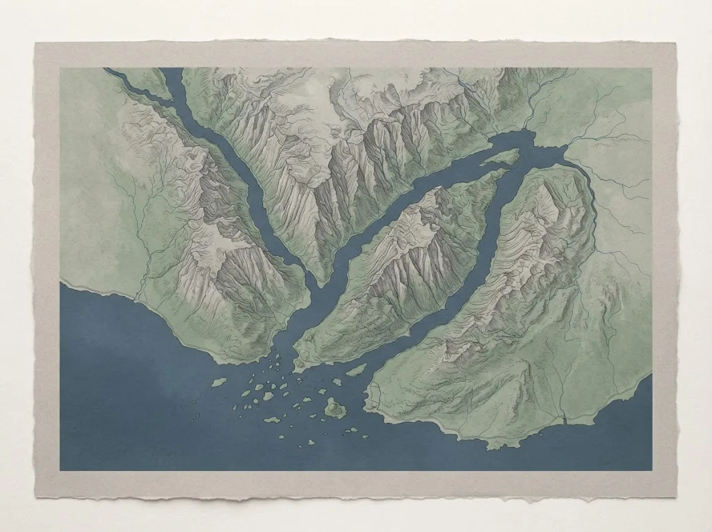 Artist's impression of an illustrated map of the Ryfylke fjords, drawn without any text