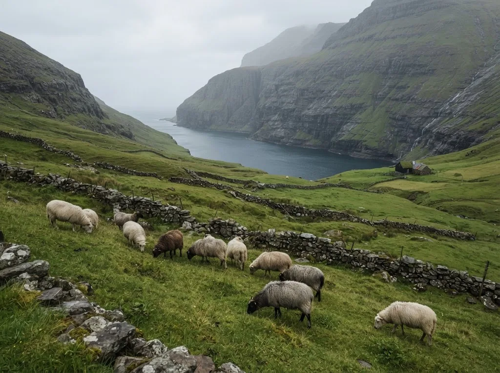 Artist's impression of sheep grazing on a green slope above the water, between stone walls