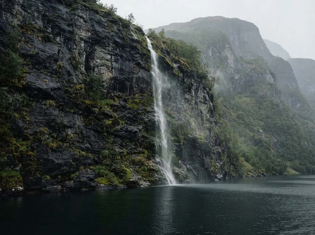 Artist's impression of a tall waterfall falling from the cliff straight into the fjord