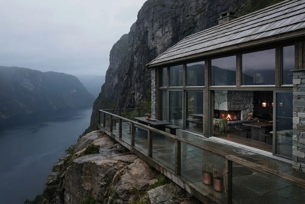 Artist's impression of the Cliff House, standing alone on a terrace in the cliff