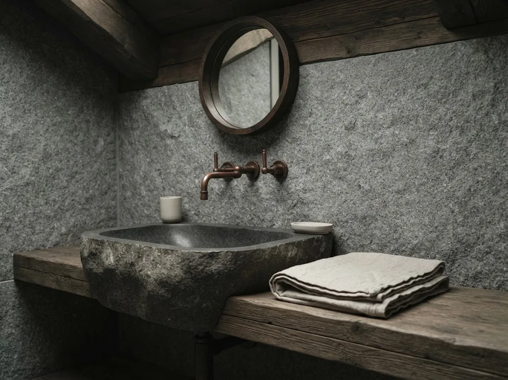 Artist's impression of the Fjord Room bathroom in dark stone