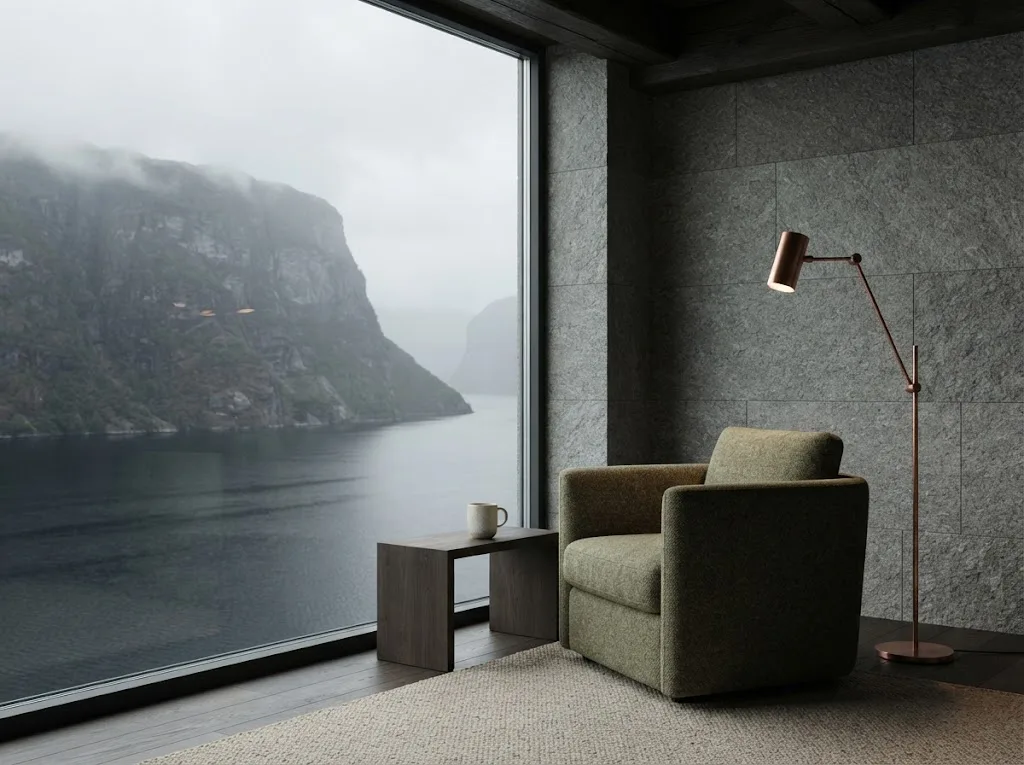 Artist's impression of a linen armchair by the Fjord Room window