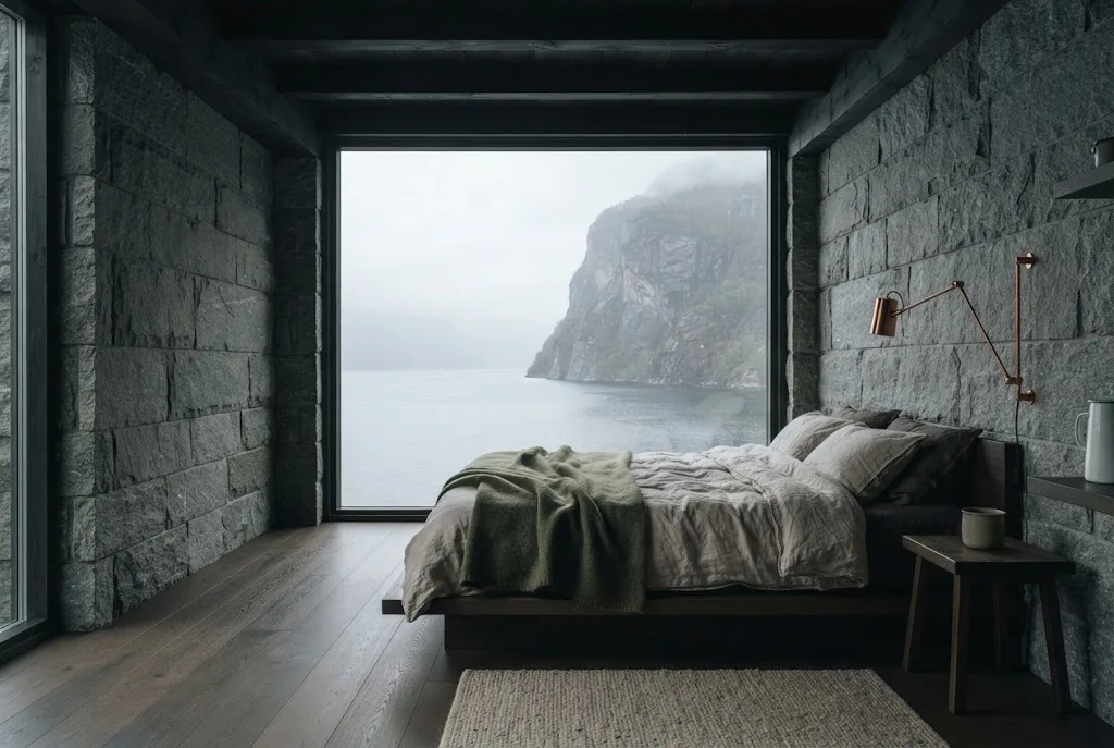 Artist's impression of the Fjord Room, with a wide window onto the fjord and the cliff opposite