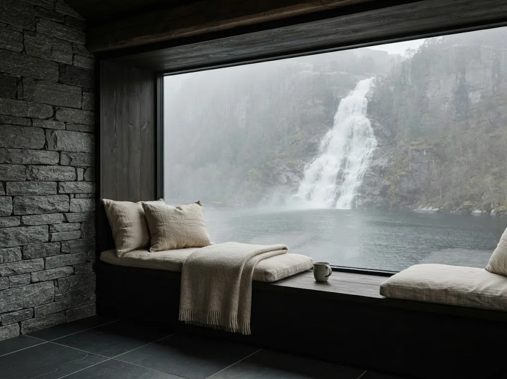 Artist's impression of the window seat with a wool blanket in the Waterfall Room