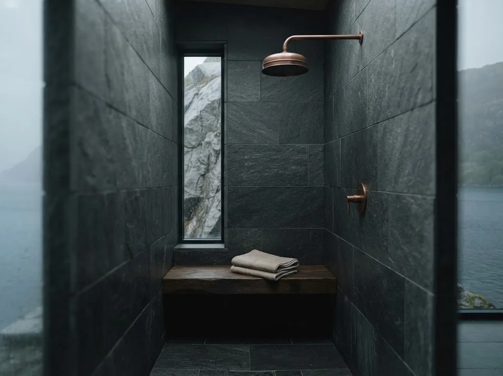 Artist's impression of the dark slate shower in the Waterfall Room