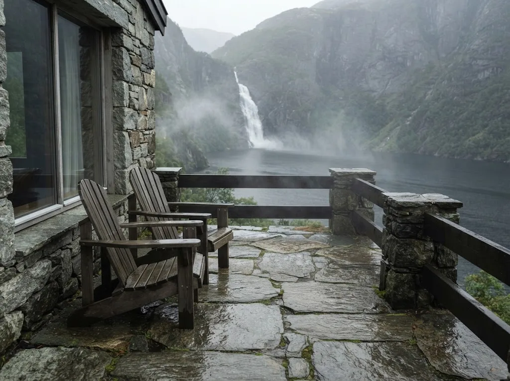 Artist's impression of the Waterfall Room terrace in the spray of the falls