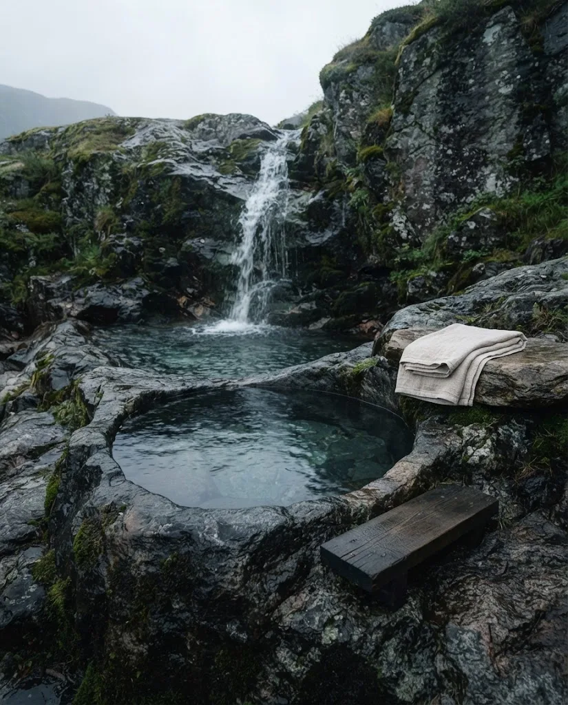 Artist's impression of a stone plunge basin beneath the waterfall, filled with cold water