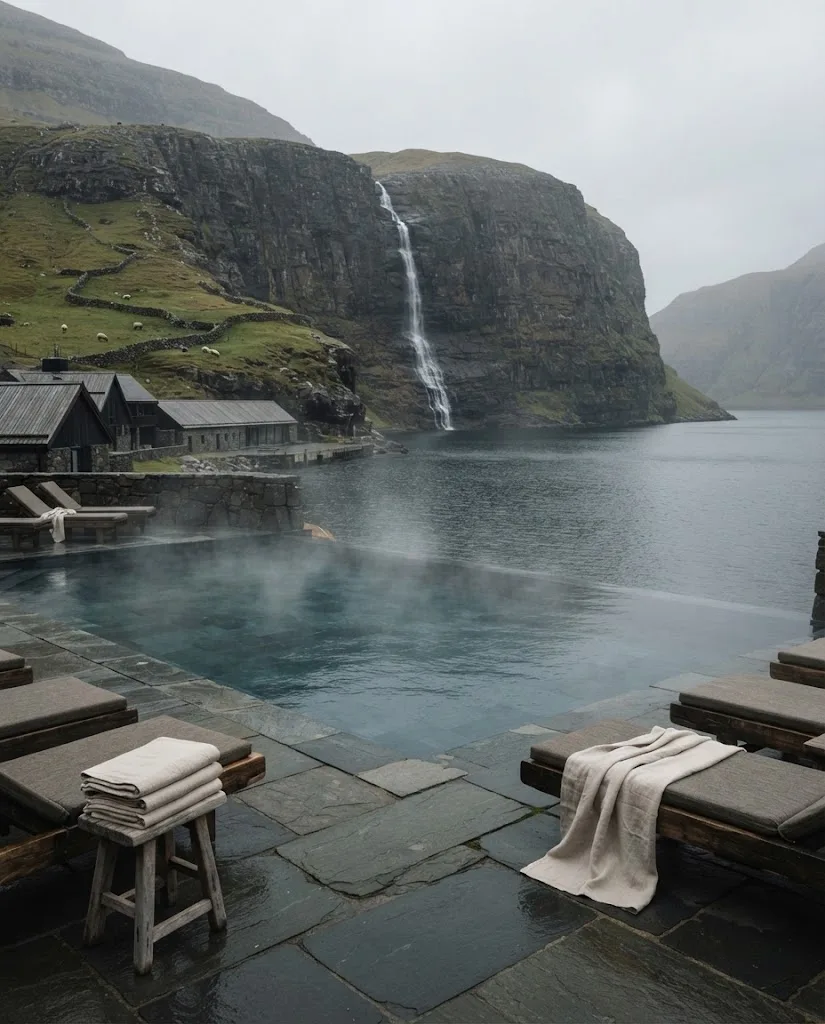 Artist's impression of the heated pool above the fjord, with steam rising from the water