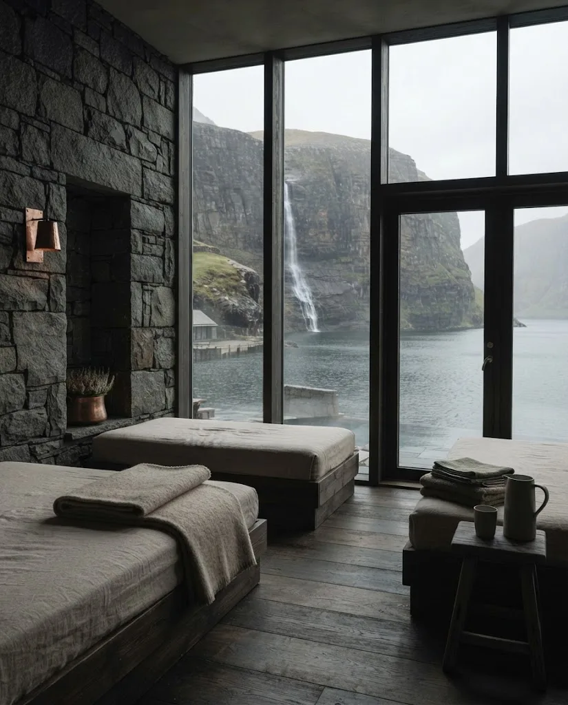 Artist's impression of the rest room, with daybeds, wool blankets and a window onto the cliff