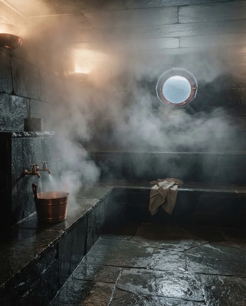 Artist's impression of the steam room, with stone benches and copper taps