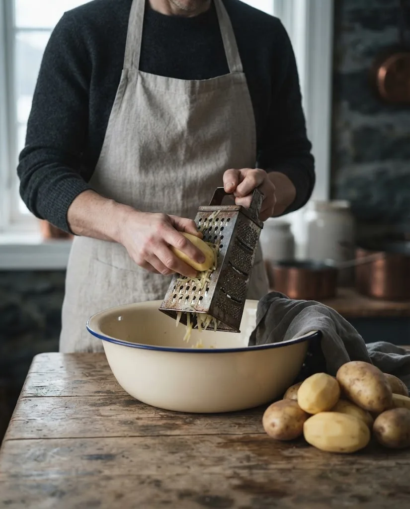 Artist's impression of hands grating potatoes into an enamel bowl on a wooden table