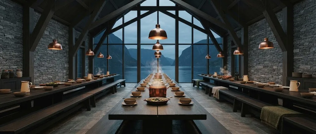 Artist's impression of the stone hall with one long table running its full length, benches, ceramic bowls, steam rising and windows onto the fjord