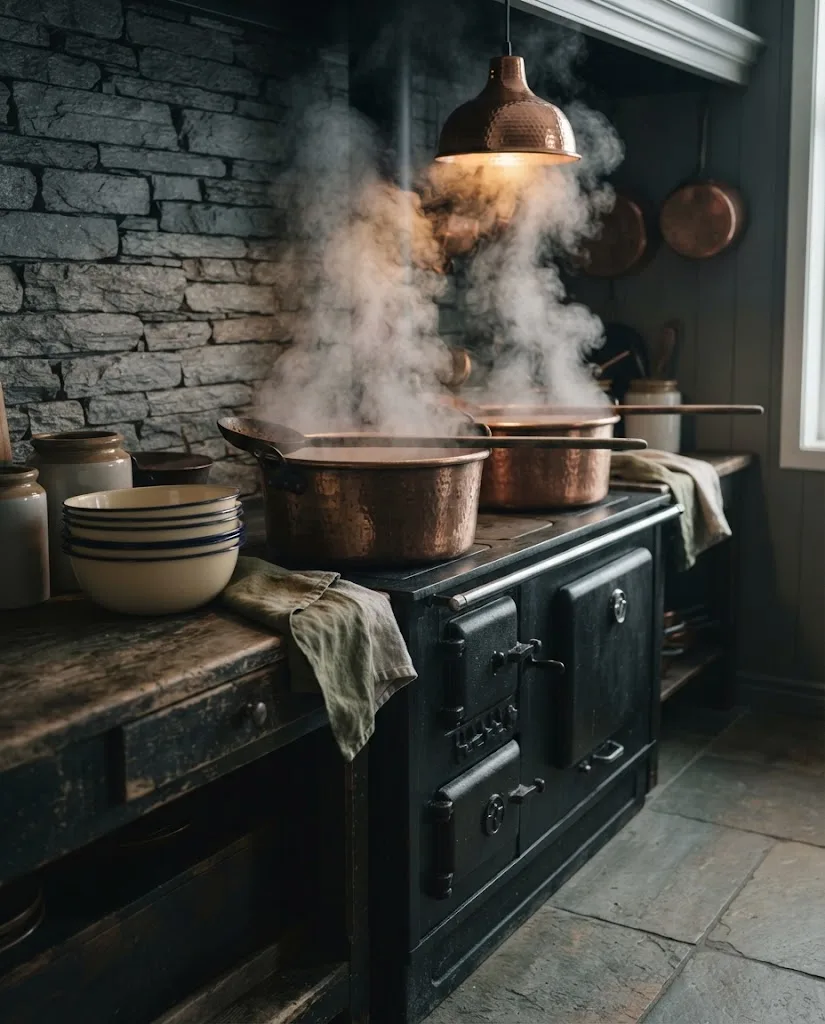 Artist's impression of large copper pots on the stove in the steam kitchen, with steam and wooden skimmers