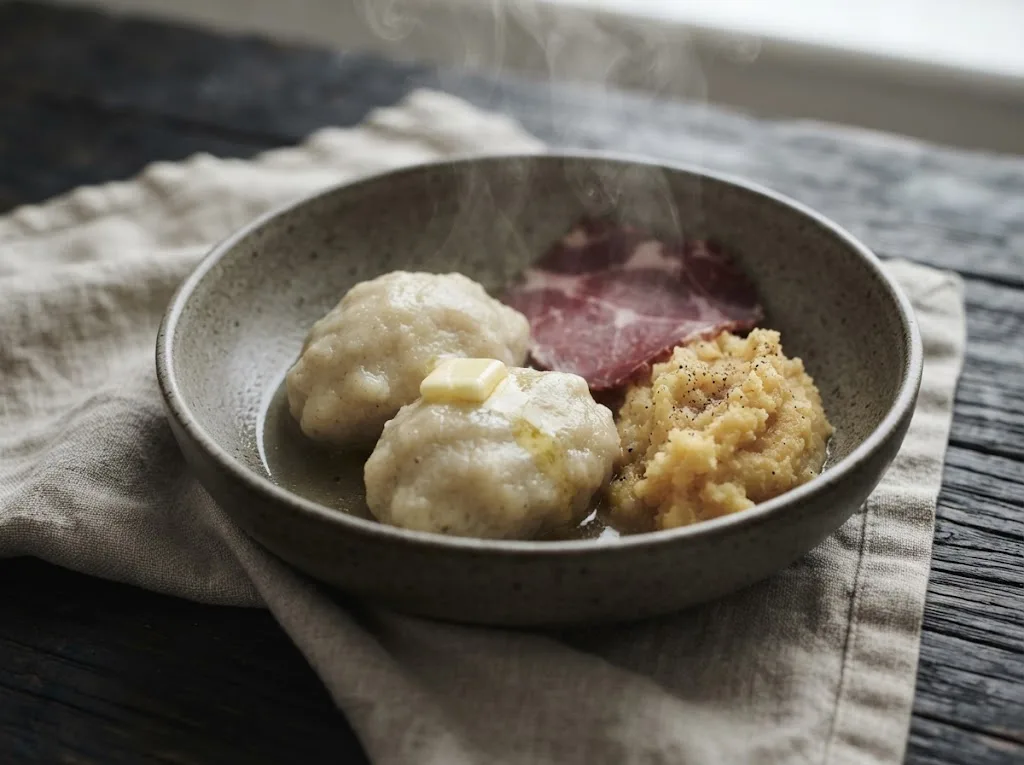 Artist's impression of a steaming bowl of potato dumplings with butter and a piece of cured lamb